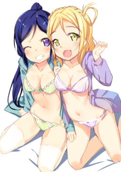 Rule 34 | 2girls, :d, ;d, aqua shirt, bare legs, blonde hair, blush, bra, breasts, cleavage, collarbone, feet out of frame, green bra, green eyes, green panties, grin, hair rings, hand on another's thigh, high ponytail, kneeling, kurozu, long hair, long sleeves, looking at viewer, love live!, love live! sunshine!!, lowres, matsuura kanan, medium breasts, multiple girls, navel, ohara mari, one eye closed, open clothes, open mouth, open shirt, panties, pink bra, pink panties, ponytail, purple hair, purple shirt, shirt, simple background, sitting, smile, stomach, tareme, teeth, thighhighs, underwear, white background, white legwear