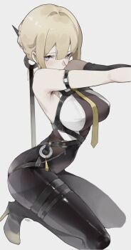 1girl armband artist_name bare_shoulders black_pants blonde_hair breasts commentary coteri earrings elbow_gloves english_commentary evelyn_chevalier gloves hair_between_eyes highres jewelry large_breasts light_blush looking_at_viewer mole mole_under_eye multiple_thigh_straps necktie pants purple_eyes shirt short_hair single_elbow_glove skindentation solo thigh_strap tight_clothes tight_pants white_background white_shirt yellow_necktie zenless_zone_zero