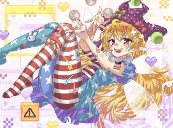 1girl :d absurdres american_flag american_flag_dress american_flag_legwear american_flag_tattoo arm_tattoo bandaid bandaid_on_arm blonde_hair blue_nails blue_pantyhose bow clownpiece commentary_request crescent crescent_hair_ornament crossed_bandaids ear_piercing earrings facial_mark fairy_wings fangs green_bow grey_nagato hair_ornament hairclip hat hat_bow heart heart_facial_mark heart_hair_ornament highres jester_cap jewelry lightning_bolt lightning_bolt_hair_ornament lightning_bolt_symbol long_hair looking_at_viewer moon multicolored_nails neck_ruff open_mouth pantyhose piercing pixel_heart polka_dot_headwear purple_hat red_bow red_eyes red_nails red_pantyhose short_sleeves sign smile solo star_(symbol) star_hair_ornament star_tattoo striped_clothes striped_pantyhose tattoo teeth touhou upper_teeth_only warning_sign white_pantyhose window_(computing) wing_hair_ornament wings yellow_bow