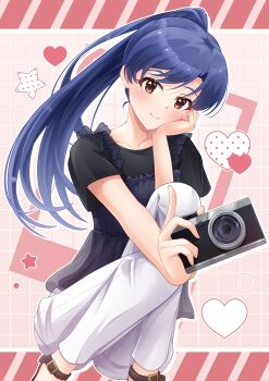 Rule 34 | 1girl, absurdres, black camisole, black shirt, blue hair, brown eyes, camera, camisole, collarbone, commentary request, denim, eyelashes, frilled camisole, frills, grid background, head rest, head tilt, heart, highres, holding, holding camera, idolmaster, idolmaster (classic), idolmaster million live!, idolmaster million live! theater days, index finger raised, jeans, kisaragi chihaya, light blush, long hair, looking at viewer, pants, ponytail, sandals, shirt, short sleeves, smile, squatting, star (symbol), swept bangs, white pants, yuki (comingsmile)