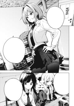 3girls blazer book bookshelf braid breast_pocket breasts closed_mouth collared_shirt computer_mouse dot_nose english_text female_focus hands_on_own_hips highres igarashi_masakuni indoors inohana_rikka jacket kirino_iko large_breasts long_hair long_sleeves manga_illustration manga_page mayonaka_heart_tune midriff miniskirt monochrome multiple_girls navel necktie official_art open_mouth pleated_skirt pocket school_uniform shirt short_hair sitting skirt smile speech_bubble stomach translated uzuki_shinobu
