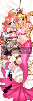 2girls a2_(agenta2) absurdres ahiru_(princess_tutu) armpits arms_behind_back arms_up bdsm bikini blonde_hair blue_eyes bondage bound bound_legs bound_wrists bra braid breasts cloth_gag collarbone commentary crossed_wrists crying english_commentary gag gagged hair_between_eyes highres improvised_gag jewelry linked_gag long_hair looking_at_viewer medium_breasts mermaid_melody_pichi_pichi_pitch multiple_girls nanami_lucia necklace orange_eyes panties pink_bikini pink_bra pink_panties princess_tutu princess_tutu_(character) restrained shell shell_bikini shell_necklace shibari socks swimsuit tears underwear very_long_hair watermark white_socks