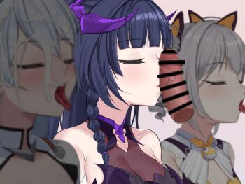 1boy 3girls :d bar_censor bare_shoulders blush bodysuit bow breasts bronya_zaychik bronya_zaychik_(yamabuki_armor) censored cleavage cleavage_cutout closed_eyes clothing_cutout commentary_request disembodied_penis drill_hair fake_horns grey_hair hair_bow halloween_costume hetero homu_(honkai_impact) honkai_(series) honkai_impact_3rd horns hyunjjing kiana_kaslana kiana_kaslana_(white_comet) kissing_penis leotard long_hair mosaic_censoring multiple_girls open_mouth oral_invitation penis ponytail purple_hair purple_leotard raiden_mei raiden_mei_(eventide_phantom) raiden_mei_(lightning_empress) smile tongue tongue_out twin_drills upper_body very_long_hair white_bodysuit white_hair yellow_bow yellow_leotard