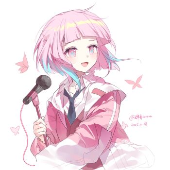 1girl :d black_necktie blue_hair blunt_bangs bug butterfly character_request collared_shirt colored_tips commentary_request dated flower-shaped_pupils highres holding holding_microphone_stand insect jacket long_sleeves looking_to_the_side maimai_(game) microphone microphone_stand multicolored_hair necktie open_clothes open_jacket open_mouth pink_butterfly pink_hair pink_jacket red_vest shirt simple_background smile solo symbol-shaped_pupils tenten_(tianbixia) two-tone_hair upper_body vest white_background white_shirt