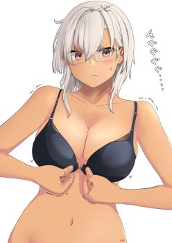 1girl anger_vein black_bra bottomless bra breasts cleavage commentary_request dark-skinned_female dark_skin front-hook_bra glasses grey_hair highres inconvenient_breasts jouzaburou_(joe3) kantai_collection large_breasts musashi_(kancolle) narrow_waist navel red_eyes semi-rimless_eyewear short_hair solo trembling under-rim_eyewear undersized_clothes underwear upper_body
