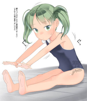 1girl barefoot blue_one-piece_swimsuit breasts closed_mouth commentary_request competition_school_swimsuit full_body green_eyes green_hair long_hair looking_at_viewer one-piece_swimsuit original orishima_kei school_swimsuit sitting small_breasts solo stretching swimsuit tan translation_request twintails yone_kinji