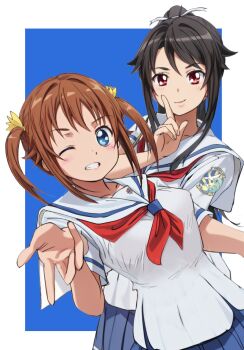 2girls badge black_eyes blue_background blue_eyes blue_skirt brown_eyes commentary_request cowboy_shot high_school_fleet highres index_finger_raised misaki_akeno multiple_girls munetani_mashiro neckerchief pleated_skirt ponytail red_eyes red_neckerchief sailor_collar sailor_shirt school_uniform serafuku shirt short_hair skirt tamura_ten twintails two-tone_background upper_body white_sailor_collar white_shirt yokosuka_girls_marine_high_school_uniform