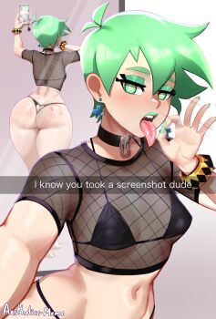 1girl absurdres aestheticc-meme ass ass_cutout bikini black_bikini breasts butt_crack cellphone choker clothing_cutout earrings english_text fellatio_gesture fishnet_top fishnets green_eyes green_hair green_lips green_nails heart_cutout highres huge_ass jewelry lipstick looking_at_viewer makeup mint_(gerph) mirror navel original phone selfie short_hair slap_mark small_breasts solo spanked swimsuit thong thong_bikini tongue tongue_out