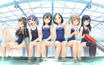 Rule 34 | 6+girls, arashio (kancolle), asashio (kancolle), backlighting, barefoot, black hair, black one-piece swimsuit, black thighhighs, blue eyes, blue one-piece swimsuit, blunt bangs, blurry, breasts, brown eyes, brown hair, competition school swimsuit, day, depth of field, feet out of frame, fisheye, frown, grey eyes, grey hair, hair bun, hair ornament, hairclip, half-closed eyes, head tilt, heibonkaeru, holding own arm, indoors, kanji connection, kantai collection, kuroshio (kancolle), legs together, light brown hair, long hair, looking at viewer, michishio (kancolle), multiple girls, name connection, one-piece swimsuit, ooshio (kancolle), oyashio (kancolle), parted bangs, school swimsuit, short hair, short twintails, side-by-side, sitting, skylight, small breasts, smile, soaking feet, splashing, swimsuit, thighhighs, torpedo, trait connection, twintails, v, v-shaped eyebrows, water, yellow eyes