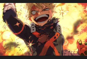 Rule 34 | 1boy, akiyama youkou, arm up, bakugou katsuki, blonde hair, blood, blood on clothes, blood on face, blurry, boku no hero academia, commentary, depth of field, downturned eyes, explosion, furrowed brow, gloves, green gloves, hand up, high collar, highres, letterboxed, looking at viewer, male focus, multicolored gloves, official artist extra, open mouth, orange gloves, red eyes, sanpaku, short hair, single horizontal stripe, smile, solo, sparkle, spiked hair, spoilers, torn clothes, tsurime, two-sided gloves, two-tone gloves, uneven eyes, upper body, wrist guards, x (symbol)