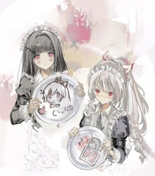 2girls absurdres alternate_costume alternate_hairstyle black_dress black_hair blush bow dress expressionless frills fujiwara_no_mokou hair_bow hair_ribbon highres hime_cut holding holding_tray houraisan_kaguya long_hair long_sleeves maid maid_headdress multiple_girls pink_eyes ponytail red_eyes ribbon sesmkun smile sweatdrop touhou tray upper_body very_long_hair white_hair