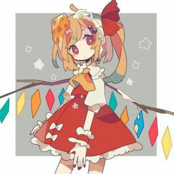 1girl blonde_hair bow branch closed_mouth crystal daizu_(melon-lemon) dress flandre_scarlet gloves grey_background looking_at_viewer lowres red_bow red_dress red_eyes red_gloves red_ribbon ribbon short_sleeves simple_background solo square star_(symbol) touhou white_background