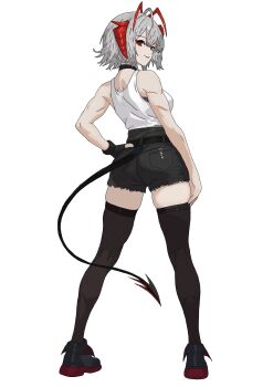 1girl absurdres alternate_costume antenna_hair arknights belt black_belt black_shoes black_shorts black_thighhighs breasts commentary commission demon_horns demon_tail english_commentary fingerless_gloves from_behind full_body gloves grey_hair highres horns looking_at_viewer looking_back parted_lips red_eyes red_horns shoes short_hair short_shorts shorts simple_background solo standing tail thighhighs totalmajorweeb w_(arknights) white_background white_shoes