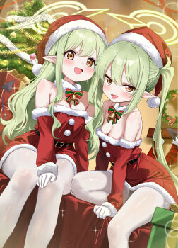 2girls absurdres bell blue_archive blush bow breasts christmas christmas_tree cleavage commentary_request dress elf full_body fur_trim green_hair hat highres hikari_(blue_archive) indoors kakeian_(aiyoriaosi_00) leaning long_hair looking_at_viewer multiple_girls nozomi_(blue_archive) pointy_ears red_dress santa_costume santa_dress santa_hat siblings sisters sitting sleeveless sleeveless_dress smile twins twintails yellow_eyes