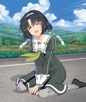 between_legs black_hair black_shoes blue_sky blunt_ends blush closed_eyes cloud collarbone day dot_nose facing_viewer game_cg green_hairband green_neckerchief green_shirt green_skirt grey_leggings hairband hand_between_legs head_tilt heijou_institute_school_uniform leggings long_sleeves mountain musumi_kiyoka neckerchief official_art on_ground open_mouth outdoors parted_bangs pinstripe_pattern pinstripe_skirt polka_dot_hairband road sailor_collar school_uniform shirt shoes short_hair sitting skirt sky smile street striped_clothes striped_skirt third-party_source toji_no_miko toji_no_miko:_kizamishi_issen_no_tomoshibi tree vertical-striped_clothes vertical-striped_skirt wariza white_sailor_collar