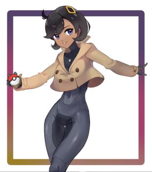1girl :3 aged_up black_bodysuit black_gloves black_hair blue_eyes bodysuit bodysuit_under_clothes breasts brown_jacket commentary_request covered_collarbone covered_navel cowboy_shot cowlick dark-skinned_female dark_skin dekin_santa emma_(pokemon) gloves hair_between_eyes hair_ornament highres holding holding_poke_ball jacket latex latex_bodysuit long_sleeves looking_to_the_side medium_breasts mega_stone nintendo orange_gloves outstretched_arms parted_lips poke_ball poke_ball_(basic) pokemon pokemon_legends:_z-a short_hair sidelocks skin_tight smile solo standing swept_bangs thigh_gap two-tone_gloves variant_set white_background