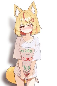 1girl absurdres animal_ear_fluff animal_ears blonde_hair blush borrowed_character breasts commentary cut-here_line embarrassed fang fang_out fox_ears fox_girl fox_tail highres looking_at_viewer multicolored_hair naked_shirt no_pants orange_eyes original red_hair shirt shirt_tug short_hair simple_background skin_fang small_breasts smile soon_hi streaked_hair sweat symbol-only_commentary tail thick_eyebrows twitter_cutting_game white_background white_shirt