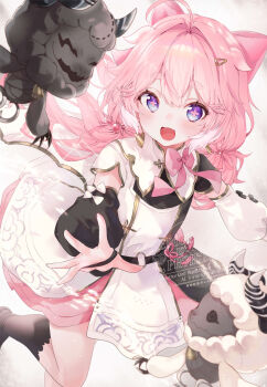 1girl ahoge animal_ears blue_eyes blush bow cross-shaped_pupils demon demon_horns detached_sleeves encore_(wuthering_waves) feet_out_of_frame hair_flaps hair_intakes hair_ornament hairclip highres horns long_hair looking_at_viewer low-tied_long_hair nekojita_(ika_neko46) open_mouth pink_bow pink_hair reaching reaching_towards_viewer symbol-shaped_pupils white_background white_bow wuthering_waves