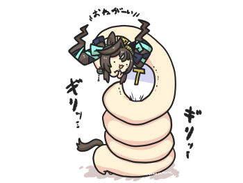 Rule 34 | . ., :d, anatomical nonsense, animal ears, beret, blue bow, blue ribbon, bow, brown hair, goma (gomasamune), hair bow, hair ribbon, hat, highres, horse ears, horse tail, mole, mole under eye, open mouth, ribbon, shadow, simple background, smile, strangling, t-head trainer (umamusume), tail, trainer (umamusume), translation request, trembling, turn pale, twintails, twitter username, umamusume, vivlos (umamusume), white background, white hat