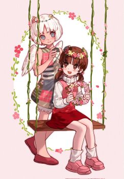 2girls :d angel_wings atlus blush bright_pupils brown_hair child closed_mouth company_connection curtained_hair doujima_nanako eyelashes flower_wreath happy hashtag-only_commentary head_wreath highres laishamark92077 maria_(metaphor:_refantazio) medium_hair metaphor:_refantazio multiple_girls on_swing open_mouth persona persona_4 red_shoes red_skirt shoes short_hair sitting skirt smile sweater swing white_hair white_pupils white_sweater wings