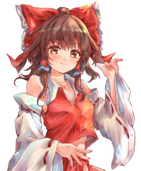 1girl absurdres bow breasts brown_eyes brown_hair closed_mouth detached_sleeves frilled_bow frills hair_bow hakurei_reimu highres ikazuchi_akira light_blush looking_at_viewer medium_breasts medium_hair midriff_peek red_bow red_shirt ribbon-trimmed_collar ribbon-trimmed_sleeves ribbon_trim shirt sidelocks sleeveless sleeveless_shirt smile solo touhou upper_body white_sleeves