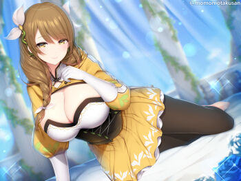 1girl black_corset bow braid breasts cleavage closed_mouth commentary_request corset fire_emblem fire_emblem_engage gloves goldmary_(fire_emblem) hair_bow huge_breasts kashiwamochi_yomogi leggings looking_at_viewer nintendo skirt smile solo white_bow white_gloves yellow_eyes yellow_skirt