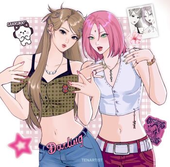 2girls alternate_costume artist_name asian badge belt black_belt black_bra black_eyes blonde_hair bob_cut border bra bra_peek bracelet brown_shirt closed_mouth commentary cowboy_shot crazy_(le_sserafim) crop_top denim ear_piercing earrings english_commentary eyelashes fashion flower flower_sticker folded_hair gingham_background gingham_shirt gold_bracelet green_eyes green_nails hair_between_eyes hair_ornament half_updo hands_up haruno_sakura heads_together hibiscus highres jeans jewelry k-pop le_sserafim light_leak lipgloss locked_arms long_hair looking_at_viewer mascot midriff miyawaki_sakura mole mole_on_nose multiple_girls multiple_rings naruto_(series) navel necklace off-shoulder_shirt off_shoulder open_hands open_mouth outside_border pants parted_hair photo_(object) piercing pink_background pink_nails polaroid_photo red_pants ribbon-trimmed_vest ring shirt silver_earrings silver_ring star_(symbol) star_earrings star_hair_ornament star_sticker sticker straight_hair swept_bangs teeth tenartistt tongue two-tone_background underwear upper_teeth_only vest vivienne_westwood watermark white_belt white_border white_vest y2k_fashion