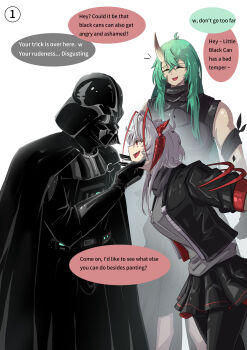 Rule 34 | 1boy, 2girls, absurdres, ahoge, antenna hair, arknights, black cape, black gloves, black jacket, black pantyhose, black robe, black skirt, cape, commentary, crossed bangs, crossover, darth vader, english commentary, english text, facial scar, gloves, green hair, grey hair, grey shirt, hair between eyes, hansi, helmet, highres, horns, hoshiguma (arknights), jacket, long hair, long sleeves, looking at another, miniskirt, multicolored hair, multiple girls, open clothes, open jacket, open mouth, orange hair, pantyhose, pleated skirt, profile, red eyes, robe, scar, scar on cheek, scar on face, shirt, short hair with long locks, simple background, single horn, skin-covered horns, skirt, speech bubble, standing, star wars, streaked hair, w (arknights), white background
