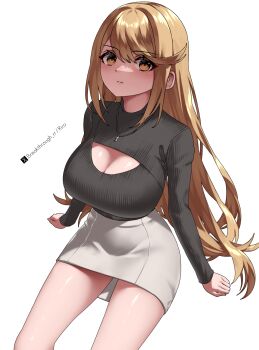 1girl alternate_costume artist_name blonde_hair breasts cleavage cleavage_cutout closed_mouth clothing_cutout commentary_request completion_time expressionless grey_skirt highres large_breasts long_hair looking_at_viewer mythra_(xenoblade) pencil_skirt riro_(breakthrough_rr) simple_background sitting skirt solo twitter_username very_long_hair white_background xenoblade_chronicles_(series) xenoblade_chronicles_2 yellow_eyes