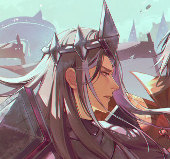 Rule 34 | 1boy, armor, black armor, black hair, black shirt, chinese commentary, cookie run, cookie run: kingdom, dark-skinned male, dark cacao cookie, dark skin, day, flag, humanization, long hair, looking at another, looking to the side, male focus, multicolored hair, parted bangs, parted lips, pauldrons, pointed crown, portrait, profile, purple eyes, shengyue, shirt, shoulder armor, solo, streaked hair, turtleneck, turtleneck shirt, v-shaped eyebrows, white hair