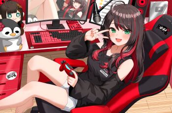 1girl absurdres ahoge barefoot black_hair black_shirt chair clothing_cutout colored_inner_hair computer_keyboard controller game_controller gaming_chair green_eyes hand_up hashtag-only_commentary highres hizuki_yui hizuki_yui_(3rd_costume) holding holding_controller holding_game_controller indoors long_hair long_sleeves looking_at_viewer microphone mole mole_under_eye monitor multicolored_hair neo-porte open_mouth red_hair shirt shorts shoulder_cutout sidelocks silver_creator_award sitting solo streaked_hair stuffed_animal stuffed_penguin stuffed_toy sunamama4788 swept_bangs swivel_chair v variant_set virtual_youtuber white_shorts wooden_floor youtube_creator_award