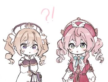 Rule 34 | !?, 2girls, 5rwpvc, barbara (genshin impact), blonde hair, blue eyes, chibi, company connection, drill hair, genshin impact, green eyes, highres, honkai: star rail, honkai (series), hyacine (honkai: star rail), look-alike, looking at another, mihoyo, multiple girls, pink hair, sweatdrop, trait connection, twin drills, twintails