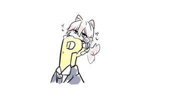 1girl 1other afterimage anastasia_(idolmaster) animal_ear_fluff animal_ears biting blue_eyes brown_hair collared_shirt cropped_torso grey_jacket grey_necktie hair_between_eyes head_biting idolmaster idolmaster_cinderella_girls jacket kawamochi_(kawauti919) kemonomimi_mode mini_person minigirl necktie p-head_producer producer_(idolmaster) shirt simple_background tail tail_wagging translation_request upper_body white_background white_shirt