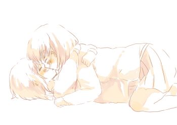 2girls blush closed_eyes feet_out_of_frame foomi girl_on_top hug kiss lying multiple_girls on_back original pleated_skirt short_hair simple_background skirt white_background yuri