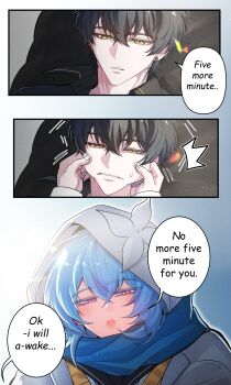 1boy 1girl absurdres black_hair blue_hair blue_nails blue_scarf bright_pupils cheek_pinching colored_eyelashes english_text hair_between_eyes half-closed_eyes highres long_hair male_rover_(wuthering_waves) nail_polish official_alternate_costume open_mouth parted_lips pinching purple_eyes revision rover_(wuthering_waves) scarf shorekeeper_(wuthering_waves) sweatdrop tu_thanh white_hood white_pupils wuthering_waves yellow_eyes