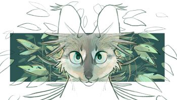 absurdres animal animal_focus aqua_eyes artist_self-insert caracal commentary ear_tufts finchwing finchwing_(character) grey_fur highres leaf letterboxed looking_at_viewer no_humans original solo symbol-only_commentary upper_body