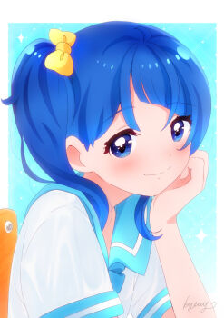 1girl artist_name blue_eyes blue_hair blue_neckerchief blue_sailor_collar blush bow chair closed_mouth commentary cut_bangs hair_bow hirogaru_sky!_precure kyanos_(b_0000ff) looking_at_viewer medium_hair neckerchief paid_reward_available precure sailor_collar school_chair school_uniform serafuku shirt short_sleeves side_ponytail signature single_sidelock smile solo sora_harewataru sorashido_academy_school_uniform summer_uniform upper_body white_shirt yellow_bow