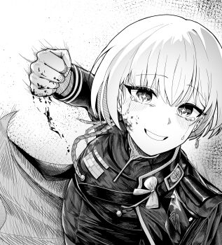 1girl absurdres aiguillette blood blood_on_clothes blood_on_face blood_on_hands breasts clenched_hand crying crying_with_eyes_open dress false_smile gloves goddess_of_victory:_nikke highres imminent_attack imminent_punch incoming_attack incoming_punch liliweiss_(nikke) looking_at_viewer makaer1117 monochrome punching short_hair smile solo star-shaped_pupils star_(symbol) symbol-shaped_pupils tears tight_clothes tight_dress white_gloves