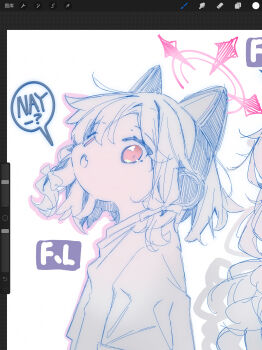 2girls absurdres animal_ear_headphones animal_ears art_program_in_frame blue_archive blush bow cat_ear_headphones cat_ears chinese_commentary commentary_request fake_animal_ears fang fl-feiling from_side hair_bow halo headphones highres long_hair looking_at_viewer low-tied_sidelocks momoi_(blue_archive) monochrome multiple_girls open_mouth out_of_frame parted_bangs pink_halo procreate_(medium) procreate_(software) red_eyes screencap shirt short_hair sidelocks simple_background sketch skin_fang solo_focus speech_bubble spot_color upper_body white_background