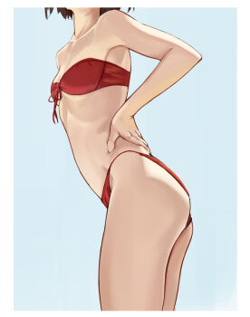 1girl bare_arms bare_shoulders bikini breasts collarbone commentary english_commentary from_side front-tie_bikini_top front-tie_top gustaflowart hand_on_own_hip head_out_of_frame highres original red_bikini shiny_skin small_breasts solo swimsuit white_background