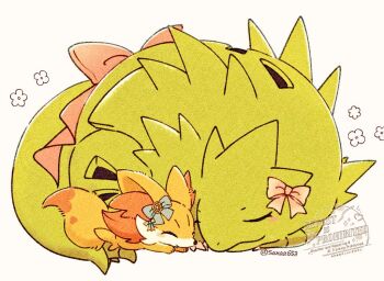 animal_ear_fluff blue_bow blush bow claws closed_eyes closed_mouth curled_up ear_bow fennekin fox full_body gen_2_pokemon gen_6_pokemon nintendo no_humans pink_bow pokemon pokemon_(creature) pokemon_focus sana_(sanaa653) smile spikes tail tyranitar yellow_fur