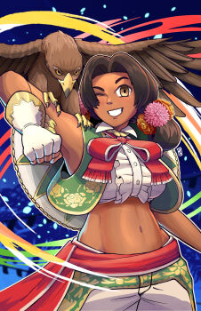 1girl armpits beak bird blush breasts brown_hair crop_top dark-skinned_female dark_skin gloves hat highres kiwi_(artist) lily_hawk long_hair medium_breasts midriff one_eye_closed pants sleeveless sleeveless_jacket street_fighter street_fighter_6 teeth unworn_hat unworn_headwear wink