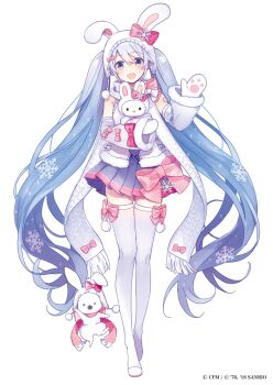 1girl :d animal_ear_hairband animal_ears blue_eyes blue_hair blue_skirt boots bow bow_hairband bow_legwear commentary_request copyright_name copyright_notice detached_sleeves double-parted_bangs fake_animal_ears full_body fur-trimmed_sleeves fur-trimmed_vest fur_trim gradient_hair hair_bow hair_ornament hairband hand_up hatsune_miku head_tilt hello_kitty hello_kitty_(character) holding holding_stuffed_toy long_hair looking_at_viewer miniskirt mittens multicolored_hair official_art open_mouth patterned_hair paw_print_palms pink_bow pink_trim pleated_skirt rabbit rabbit_ear_hairband rabbit_ears rabbit_yukine saine sanrio scarf simple_background skindentation skirt sleeveless smile snowflake_hair_ornament snowflake_print straight_hair stuffed_animal stuffed_cat stuffed_toy thigh_boots thighhighs twintails two-tone_hair very_long_hair vest vocaloid waistcoat waving white_background white_boots white_bow white_hair white_rabbit_(animal) white_scarf white_vest yuki_miku zettai_ryouiki