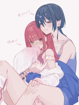 Rule 34 | 2girls, absurdres, between legs, black nails, blue eyes, blue hair, blue tank top, blush, commentary, dress, heterochromia, highres, hiodoshi ao, hololive, hololive dev is, houshou marine, hug, hug from behind, mole, mole under mouth, multiple girls, off-shoulder dress, off shoulder, pink dress, red eyes, red hair, simple background, solo, symbol-only commentary, tank top, translation request, virtual youtuber, white background, wolf cut, yellow eyes, yuri, yuri yutaka