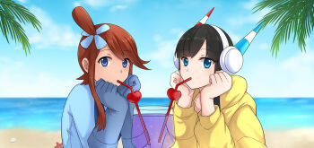 2girls black_hair blue_eyes blue_gloves blunt_bangs cloud commentary_request day drinking_straw elesa_(pokemon) glass gloves gym_leader hair_ornament head_in_hand head_rest headphones looking_at_viewer mouth_hold multiple_girls nintendo outdoors palm_tree pandagirlz pokemon pokemon_bw2 red_hair sand shared_drink shell shore sidelocks sky skyla_(pokemon) tree water yuri