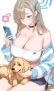1girl absurdly_long_hair absurdres asuna_(blue_archive) bare_shoulders black_choker blonde_hair blue_archive blue_eyes blue_halo blue_ribbon blue_shorts blue_sweater breasts cellphone choker cleavage closed_mouth collarbone dog dog_on_lap doodle_sensei_(blue_archive) hair_ribbon halo highres holding holding_phone huge_breasts long_hair looking_at_phone mole mole_on_breast mushpz off_shoulder phone ribbon sensei_(blue_archive) short_shorts shorts simple_background sitting smartphone smile sweater very_long_hair white_background