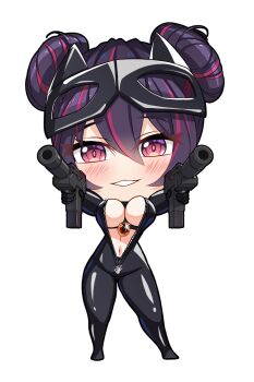 1girl black_bodysuit black_hair blush bodysuit breasts cleavage commentary deformed double_bun dual_wielding english_commentary eye_mask full-length_zipper full_body gloves goddess_of_victory:_nikke gun hair_between_eyes hair_bun highres holding holding_gun holding_weapon large_breasts latex latex_bodysuit latex_gloves looking_at_viewer mask mask_on_head multicolored_hair navel official_alternate_costume open_bodysuit open_clothes quency_(escape_queen)_(nikke) quency_(nikke) red_eyes sidelocks simple_background smile solo standing two-tone_hair weapon white_background zer0z_vi zipper zipper_pull_tab