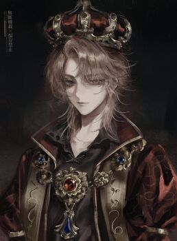 1boy absurdres bishounen black_shirt blonde_hair blue_gemstone crown gem grey_eyes heterochromia highres identity_v jacket king male_focus medium_hair mole mole_under_mouth official_alternate_costume orange_eyes portrait puffy_sleeves red_gemstone red_jacket richard_sterling richard_sterling_(edward_beneath_the_crown) shirt single_hair_intake solo sushisushi_iiii