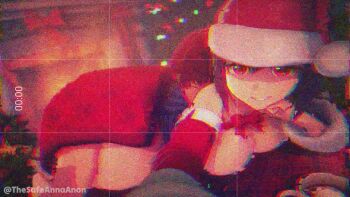 1boy 1girl 3d animated anna_anon artist_name audible_speech barefoot blanket blue_hair bow breasts christmas christmas_tree commentary english_audio english_commentary film_grain fireplace hat hetero highres indoors koikatsu_(medium) large_breasts looking_at_viewer lying misuzugon_(voice_actor) on_stomach original pornography_production recording red_bow red_eyes santa_hat selfie sound tagme twitter_username video viewfinder