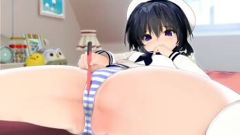 1girl 3d bedroom black_hair blush bow bow_panties breasts ceiling hair_between_eyes hat highres lamp loli long_sleeves lying masturbation on_back original panties pen pussy_juice_stain shirt small_breasts spread_legs stained_panties striped_clothes striped_panties taii_(tng1014) underwear white_headwear white_shirt